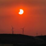 Eclipse partielle dans le champ d'éoliennes
